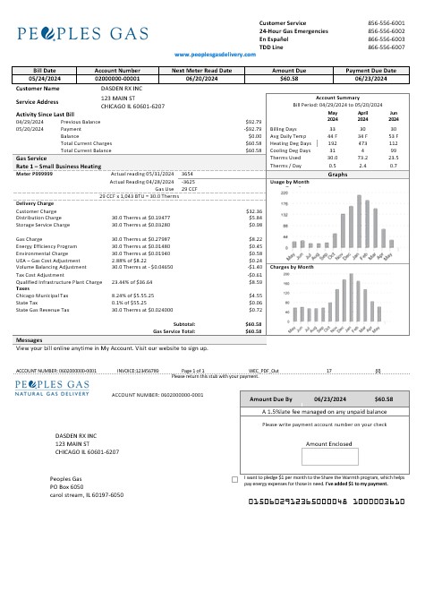 USA Illinois Peoples Gas business utility bill template in Word and PDF formats